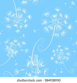 Seamless pattern with dandelions and seeds flying