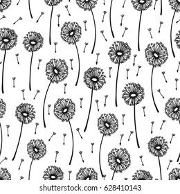 Seamless pattern with dandelions. Vector bohemian background. Black and white wallpaper. Design for textile, decor, fabric.