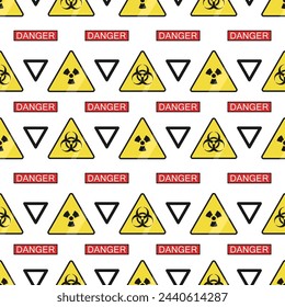 Seamless pattern with danger signs, radiation and biohazard. On a white background