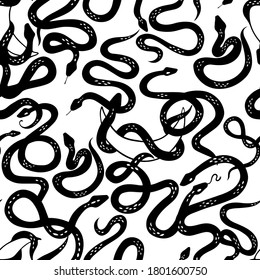Seamless pattern with dangerous exotic snakes and moon on light background. Botanical background on tropical theme. Black and white snake. Flat design for fabric, textile, wrapping paper, wallpaper.