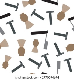 Seamless pattern with dangerous razor and brush as a concept of cutting a beard or shaving for cutting hair, barbershop. Flat vector stock illustration with hairdressing tools as backdrop, background