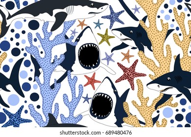 Seamless pattern with dangerous sharks.Colorful vector summer background.Textile texture