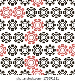 seamless pattern, dark background with black and red cogwheel, geometric design, vector illustration