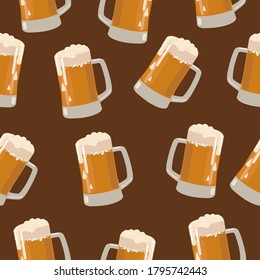 seamless pattern with dark beer mugs on a brown background