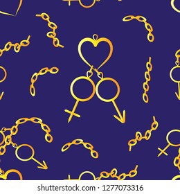 Seamless pattern. Dark blue background gold chains, hearts and signs of man and woman.