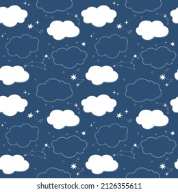 Seamless pattern. Dark blue background. Clouds and stars vector texture. Fashionable print for textiles and wallpapers.