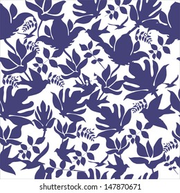 Seamless pattern with dark blue birds and flowers