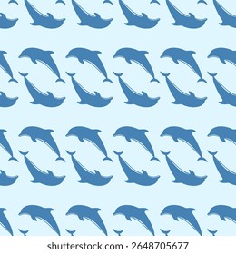 Padrão contínuo com golfinhos azul escuro saltando sobre fundo azul mais claro. Design divertido e com tema marinho para têxteis, itens infantis e conceitos aquáticos. Papel de parede azul vetor golfinhos.