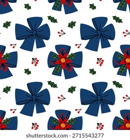 Seamless pattern with dark blue fluffy bows and poinsettia flowers and berries inside. The flat-style print is perfect for wrapping holiday gifts, festive fabric, or digital backgrounds.