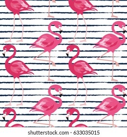 Seamless pattern with dark blue grunge stripes and pink flamingo. Pink flamingo vector background design for fabric and decor. Vector trendy illustration.