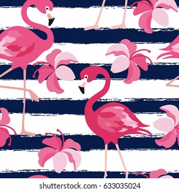 Seamless pattern with dark blue grunge stripes and pink flamingo. Pink flamingo vector background design for fabric and decor. Vector trendy illustration.