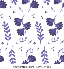 Seamless pattern of dark blue handdrown flowers and leafs and plants on white background. Vector illustration.