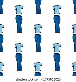 Seamless pattern with dark blue jeans and a blue t-shirt on white background. Vector image. 