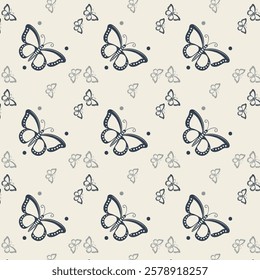 Seamless Pattern of Dark Blue and Light Gray Butterflies on Light Beige Background with Dots