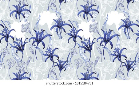 Seamless pattern with dark blue lilies and abstract white flowers, line drawing and silhouettes. Ornament in cold tones, for textiles, prints for clothes, bed linen, pillow decor, wallpaper, covers.