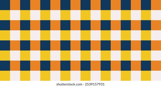 Seamless pattern with dark blue, orange, yellow and white checkered pattern