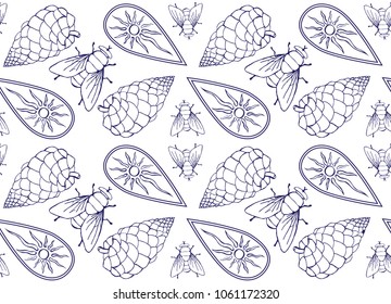 Seamless pattern with dark blue outlines of flies, pine cones and white shields on a white background 