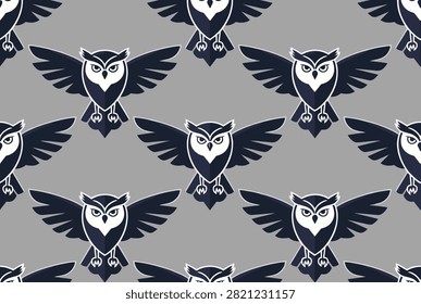 Seamless pattern of dark blue owls with outspread wings, depicted in a stylish flat design on a modern grey background.