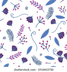Patrón sin foco de flores y hojas y plantas de color azul oscuro y rosa, morado, sobre fondo blanco. Ilustración vectorial.