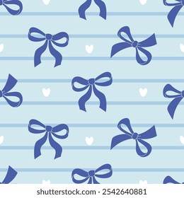 Seamless pattern dark blue ribbon bow on striped background with hearts. Trendy coquette aesthetic accessories design. Vector illustration