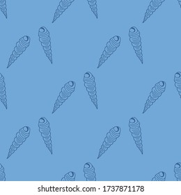 Seamless pattern with dark blue sea shells on light blue background. Vector image. 