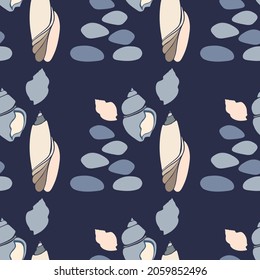 seamless pattern dark blue sea stones pyramid and silhouettes of sea shells night beach vector