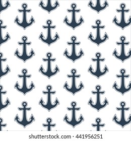 Seamless pattern with dark blue sea anchor on white background. Vector illustration. 