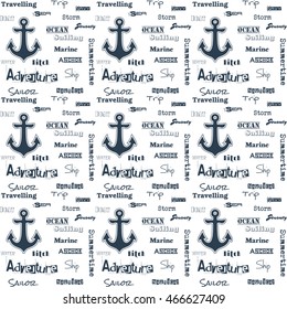 Seamless pattern with dark blue sea anchor on white background. Vector illustration. Sea background.