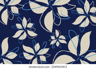 The seamless pattern, dark blue textile art, hand-draw style background vibrant colors, fashion artwork for Fabric print