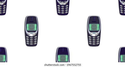 Patrón sin foco. Teléfonos monocromos con pulsador móvil de color azul oscuro de varias modificaciones dispuestos simétricamente en un escalafón con sombras sobre un fondo blanco