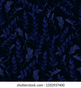 Seamless pattern with dark blue zamioculcas leaves