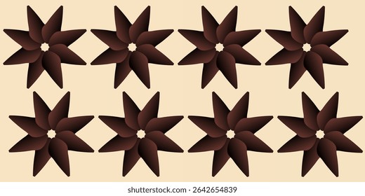 Seamless pattern of dark brown abstract flower shapes with eight petals on a light beige background.