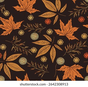 Seamless pattern a dark brown background. Scattered across the pattern are stylized autumn leaves in shades of orange and gold, along with small, round, decorative elements that resemble flowers .
