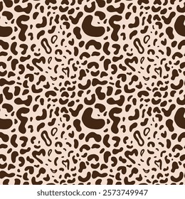 Seamless pattern with dark brown leopard spots, wild animal shapes. Aesthetic background for apparel, room decor, tee prints, fabric, wrapping, design projects highlighting natural themes