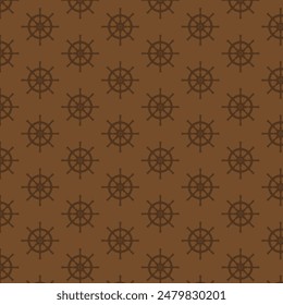 Seamless pattern with dark brown ship wheels on a lighter brown background. Ideal for nautical-themed designs, fabric, wallpaper, and wrapping paper. Vector image, brown background, pirates background