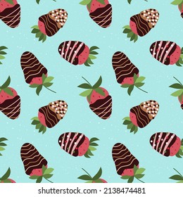 Seamless pattern with dark chocolate covered strawberry. Strawberry in chocolate, glaze, sprinkle or nonpareil on blue background. Flat, cartoon, texture. Isolated vector stock illustration eps 10