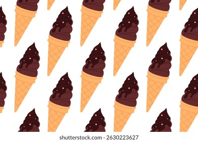 Seamless pattern of dark chocolate ice cream cones on white background, great for dessert, packaging, or confectionery designs