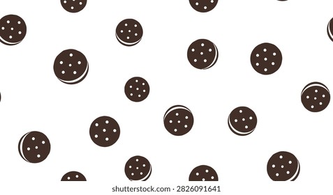 Seamless pattern of dark chocolate sandwich cookies with cream filling scattered across the frame.