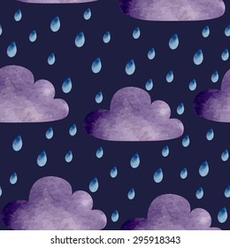 Seamless pattern with dark clouds and raindrops. Watercolor hand drawing. Vector illustration