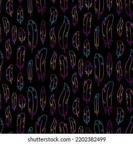 Patrón sin brillo plumas de color oscuro, fondo de estilo hippie retro. Para tela vintage, textil, papel de pared, papel de envoltura