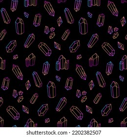 Seamless pattern dark colorful outline crystals, retro hippie style background. For vintage fabric, textile, wallpaper, wrapping paper