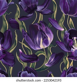 Seamless pattern in dark colors with realistic dark purple tulip flowers. Highly detailed vector hand-drawn inflorescences, petals and leaves for wallpaper, banners, social media, design your products