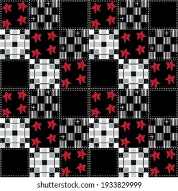 Seamless pattern in dark colors with stars stripes and checkered grunge