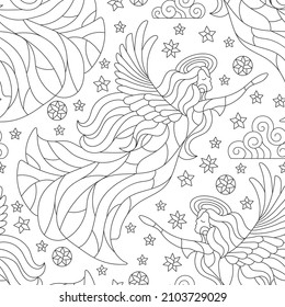 Seamless pattern with dark contour angel girls, clouds and stars on a white background