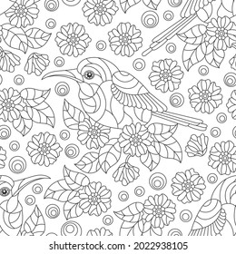 Seamless pattern with dark contour birds and flowers and leaves on a white background