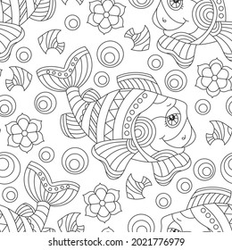 Seamless pattern with dark contour cartoon fun fishes and flowers, outline animals on a white background
