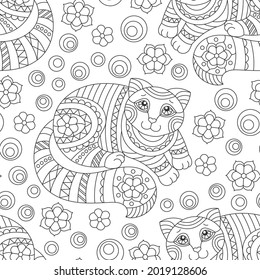 Seamless pattern with dark contour cats and flowers in stained glass style on a white background