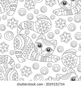 Seamless pattern with dark contour cats and flowers in stained glass style on a white background