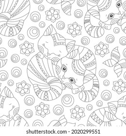 Seamless pattern with dark contour cats and flowers in stained glass style on a white  background