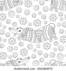 Seamless pattern with dark contour dogs Dachshund and flowers in stained glass style on a white background